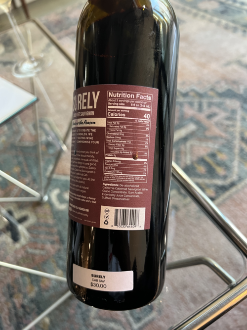 Surely Non-alcoholic wine back label