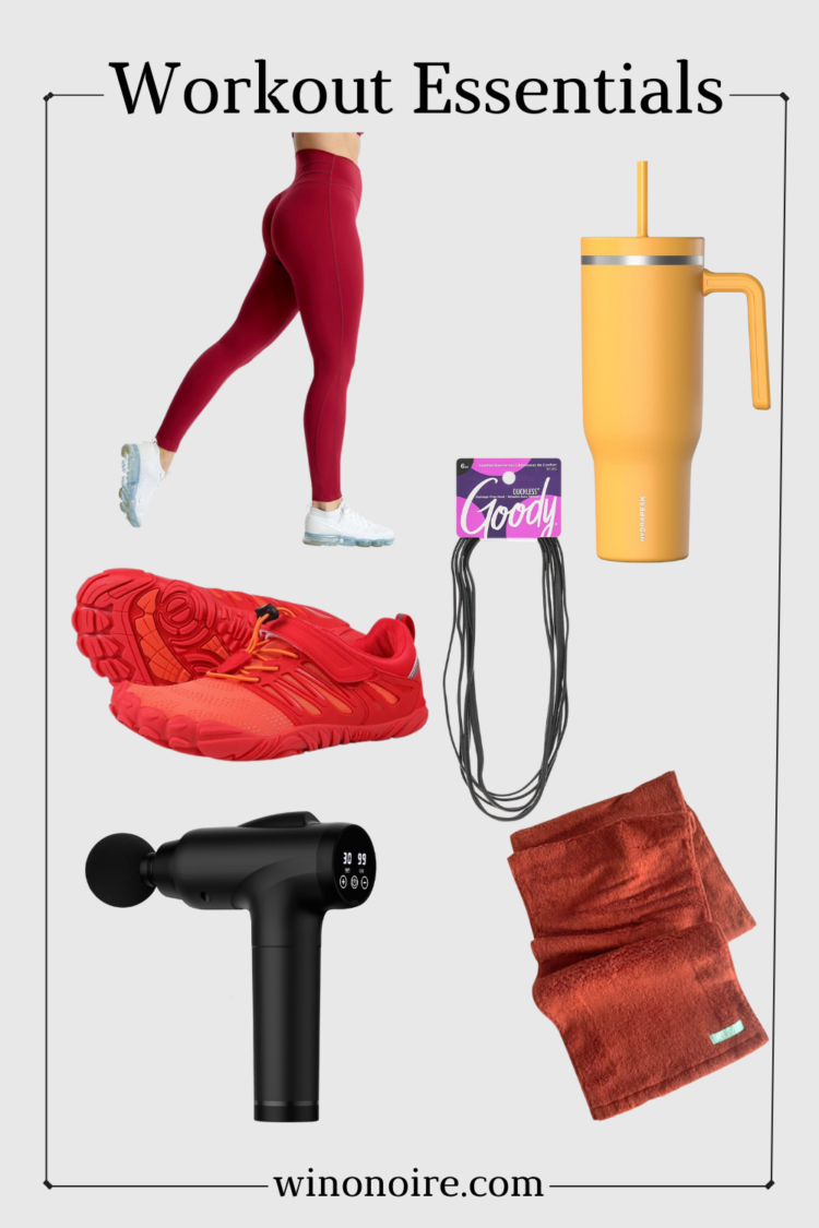 Workout essentials - leggings, Hydrapeak Water Bottle, Long Hair Ties, Minimalist Shoes, Massage Gun, Sweat Towel