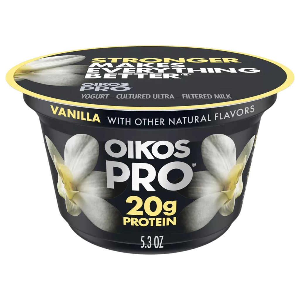 high protein snacks on the go - Dannon Oikos Pro Vanilla Greek Yogurt