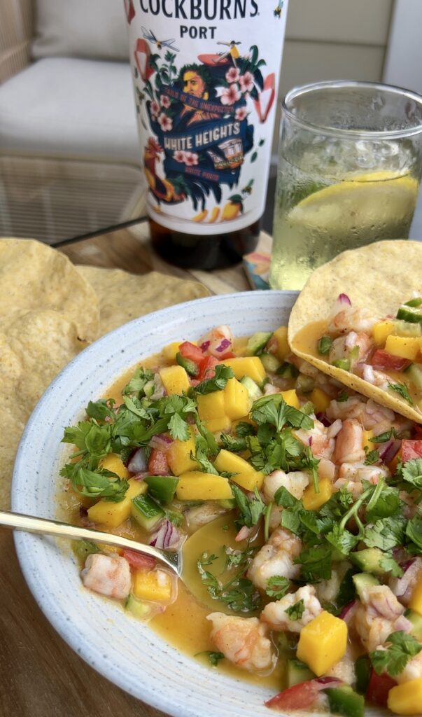 Shrimp ceviche and white port tonic pairing